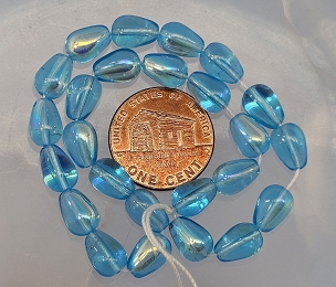 Set of 25 Czech Iridescent Aquamarine Blue Vertically Drilled Teardrop Beads