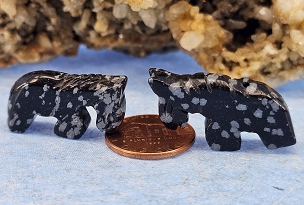 Set of 2 Snowflake Obsidian Carved Zuni Horse Fetish Beads