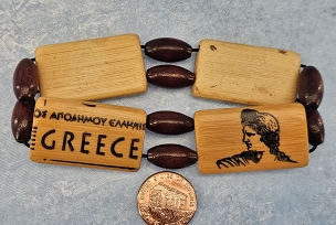 Unique Stretch Wood Bracelet with Greek Writing and Goddess